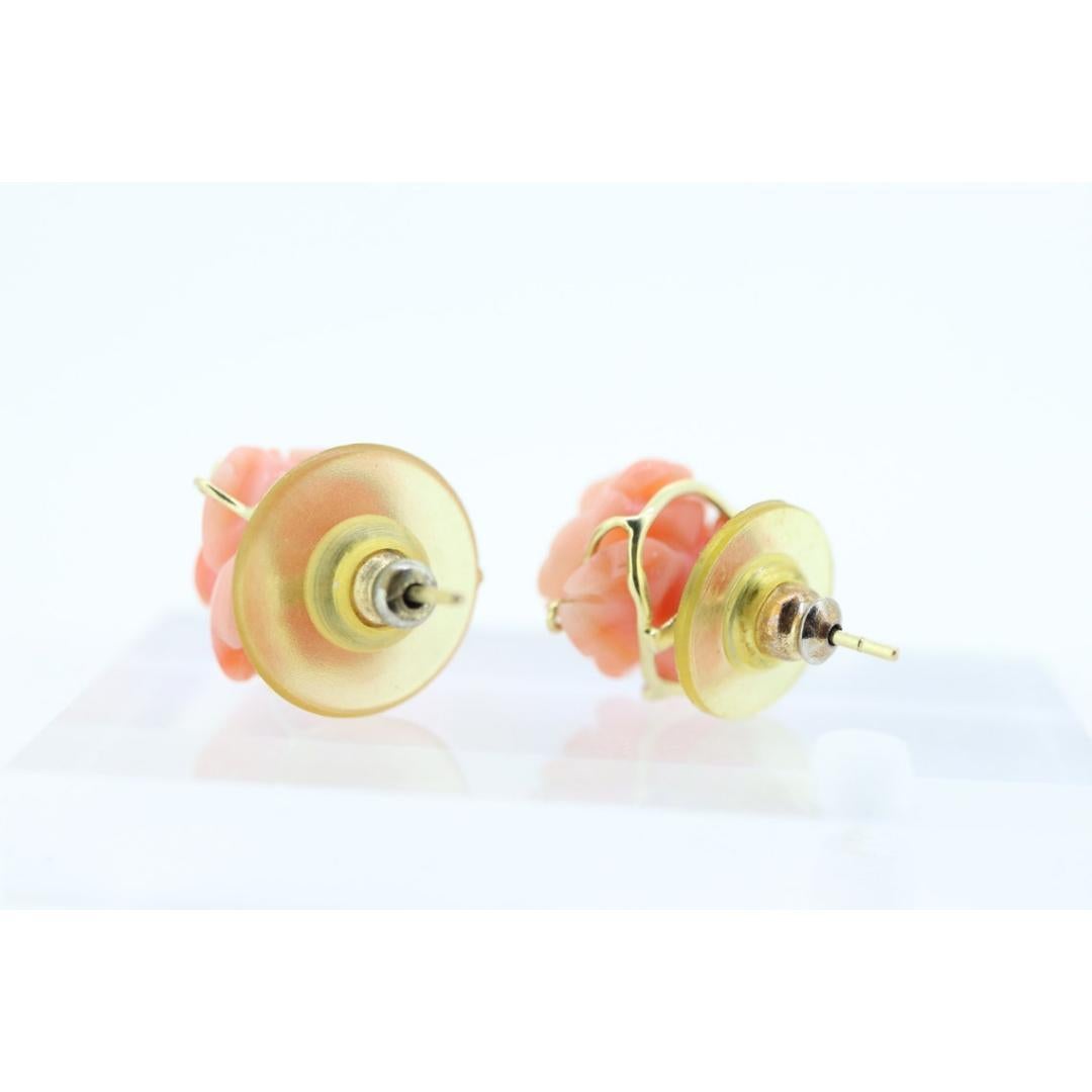 Pendientes de Coral. Pendientes Flor de Coral Rose Tallada 14k. Tallado grande Corte rosa en venta