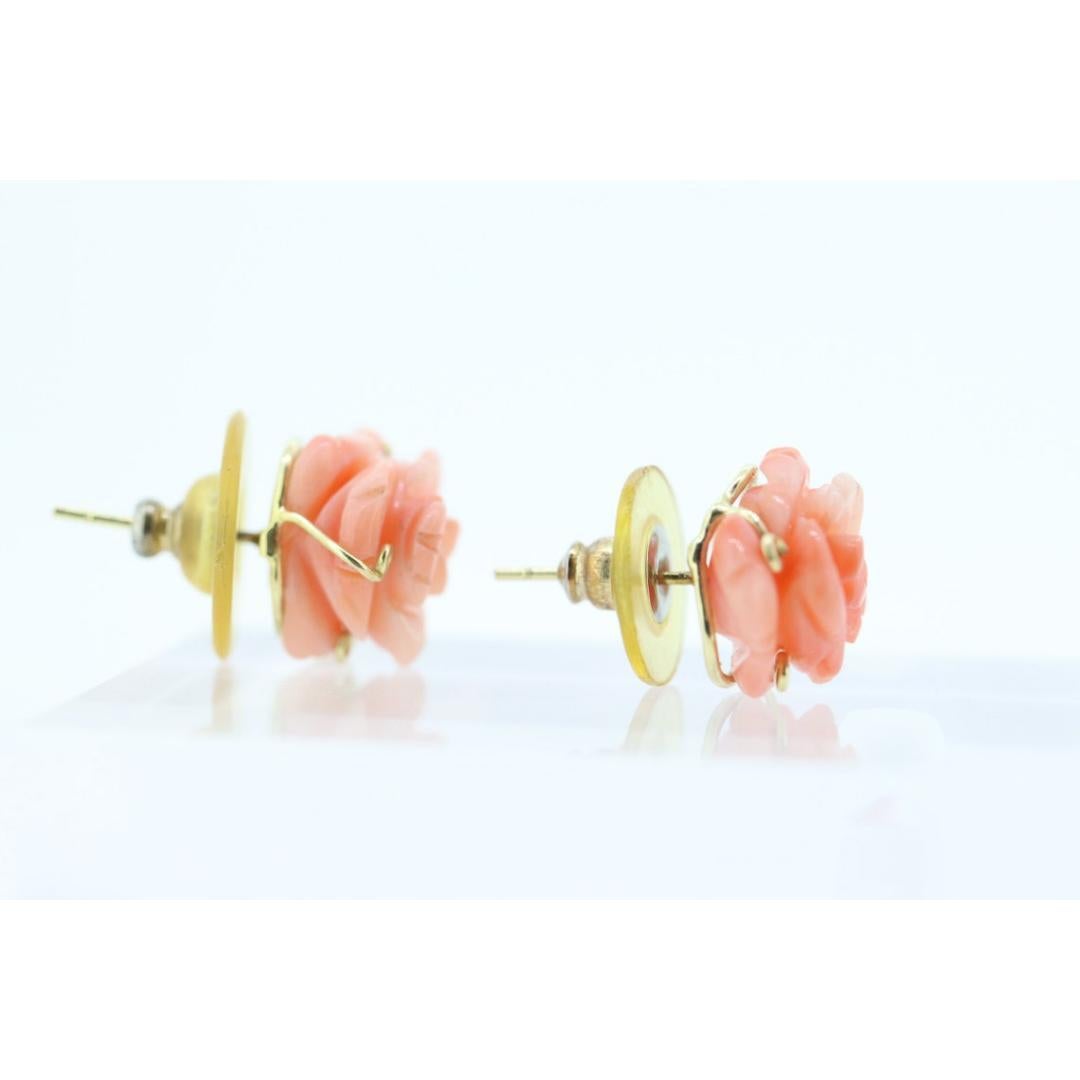 De las mujeres Pendientes de Coral. Pendientes Flor de Coral Rose Tallada 14k. Tallado grande en venta