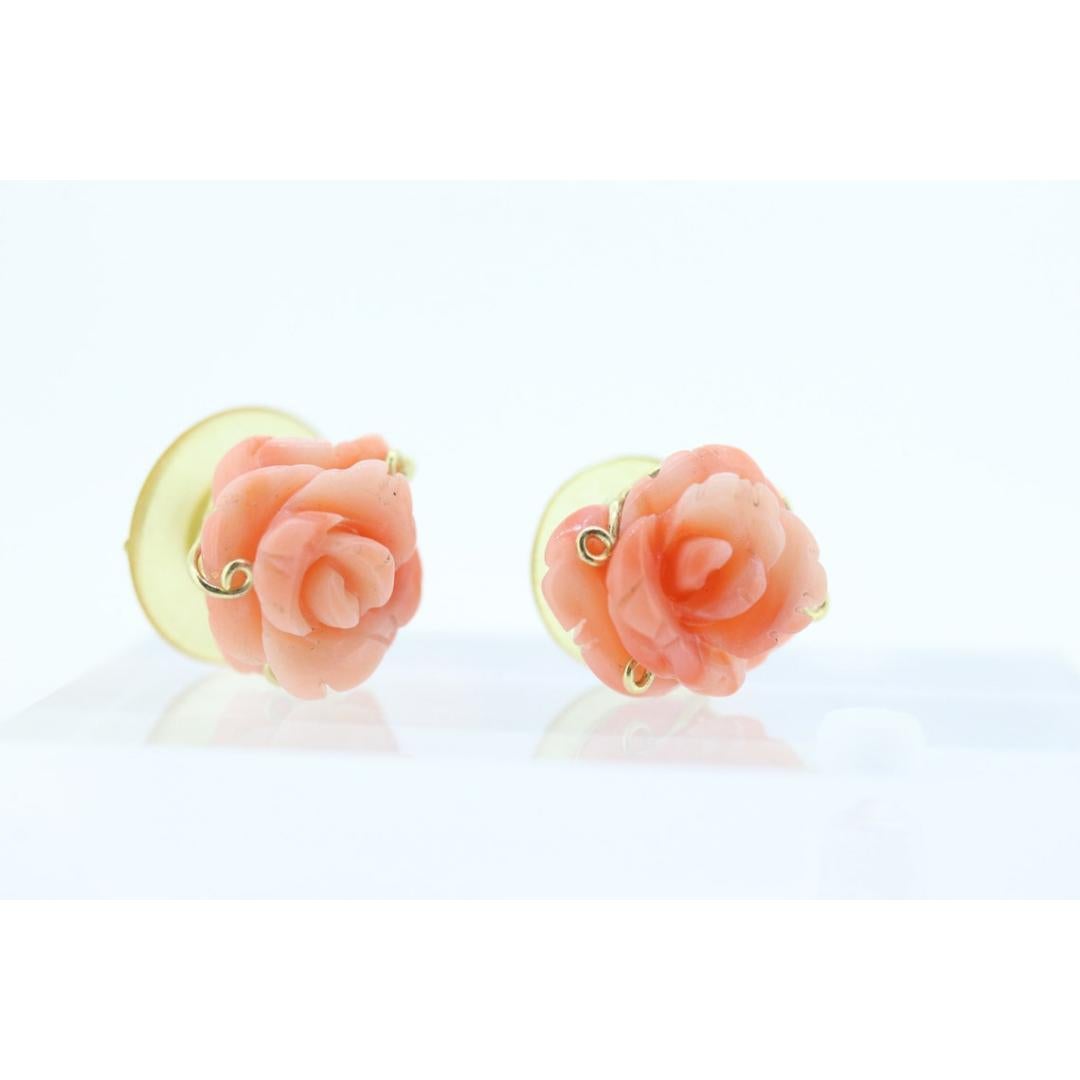 Pendientes de Coral. Pendientes Flor de Coral Rose Tallada 14k. Tallado grande en venta 1