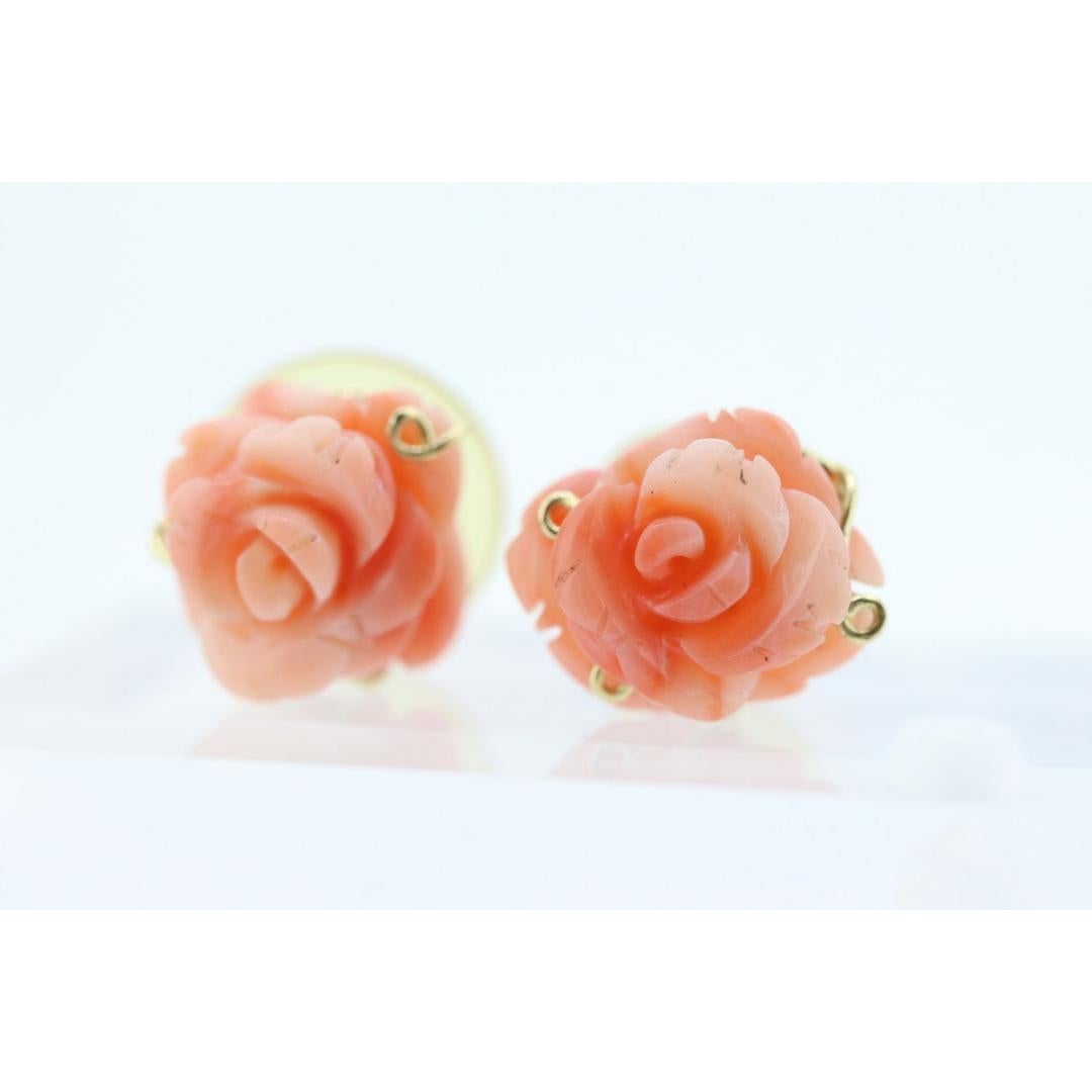 Pendientes de Coral. Pendientes Flor de Coral Rose Tallada 14k. Tallado grande en venta 2