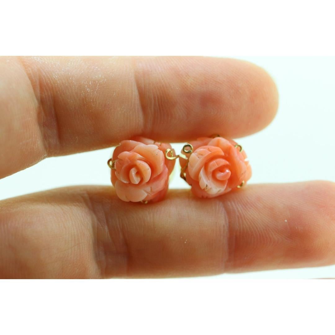 Pendientes de Coral. Pendientes Flor de Coral Rose Tallada 14k. Tallado grande en venta 3