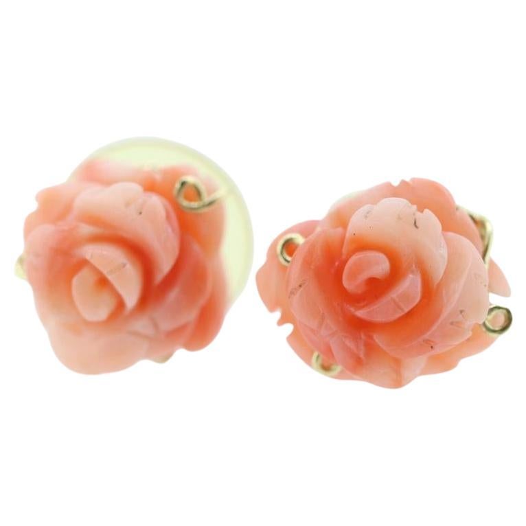 Coral Earrings. 14k Carved Coral Rose Flower Blooming Earrings. Large Carved