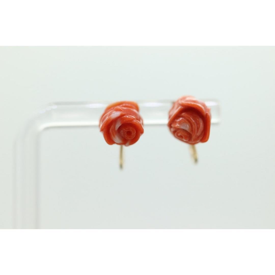 Women's Coral Earrings. 14k Carved Coral Rose Flower Blooming Earrings. Non-Pierced For Sale