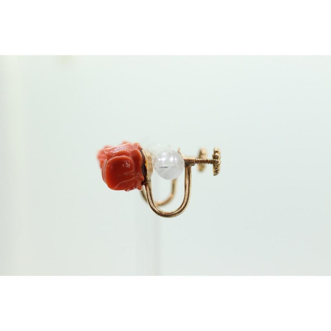 Coral Earrings. 14k Carved Coral Rose Flower Blooming Earrings. Non-Pierced For Sale 1