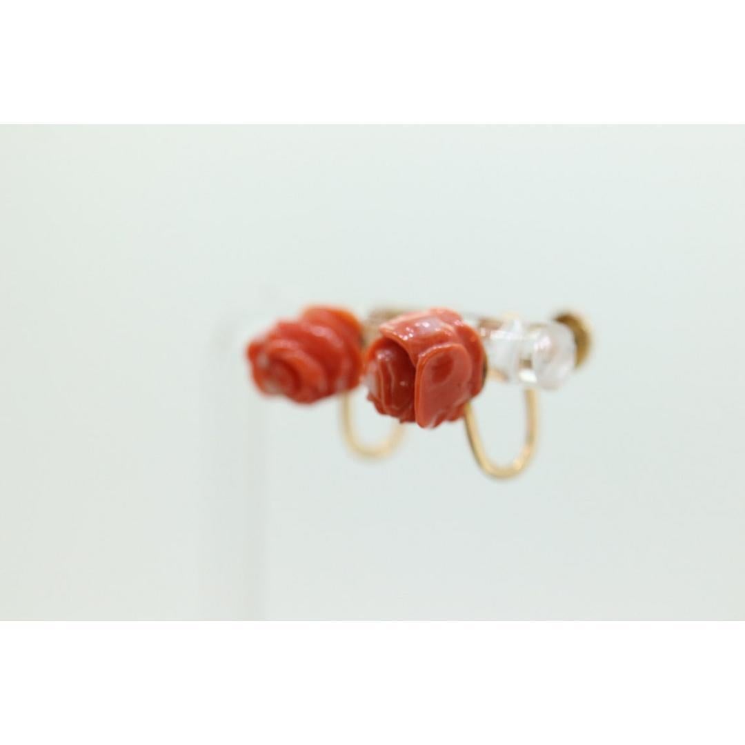Coral Earrings. 14k Carved Coral Rose Flower Blooming Earrings. Non-Pierced For Sale 2