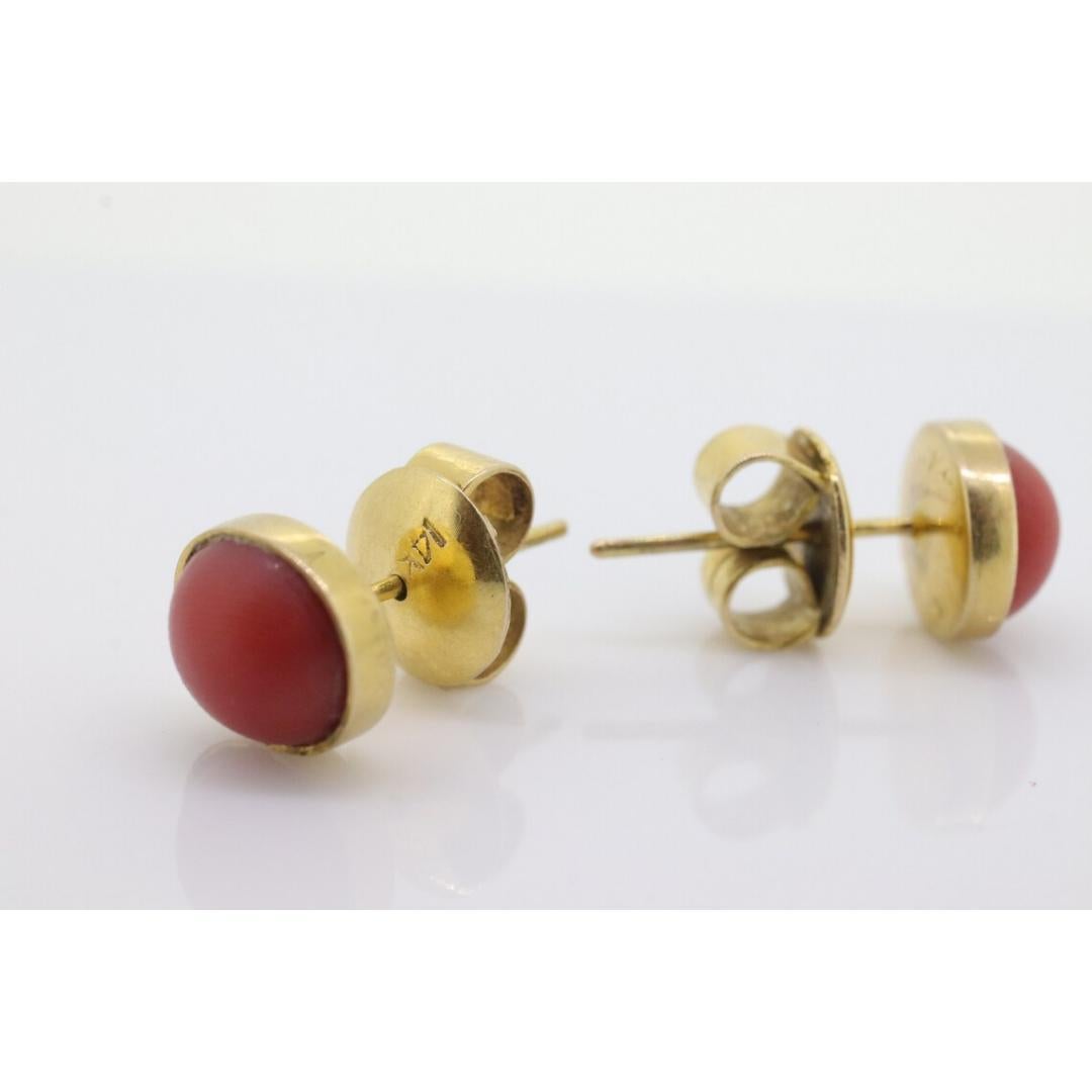Women's or Men's Coral Earrings. 14k Coral Orange STUD Earrings. Coral Cabochon Bezel set design. For Sale