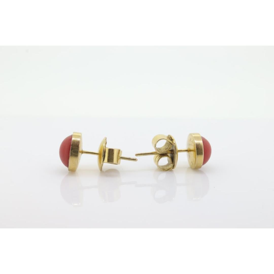 Coral Earrings. 14k Coral Orange STUD Earrings. Coral Cabochon Bezel set design. For Sale 1