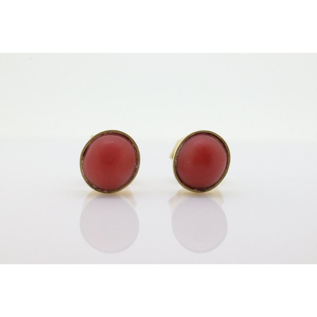 Coral Earrings. 14k Coral Orange STUD Earrings. Coral Cabochon Bezel set design. For Sale 2