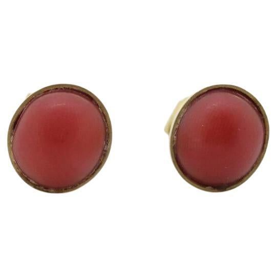 Coral Earrings. 14k Coral Orange STUD Earrings. Coral Cabochon Bezel set design.