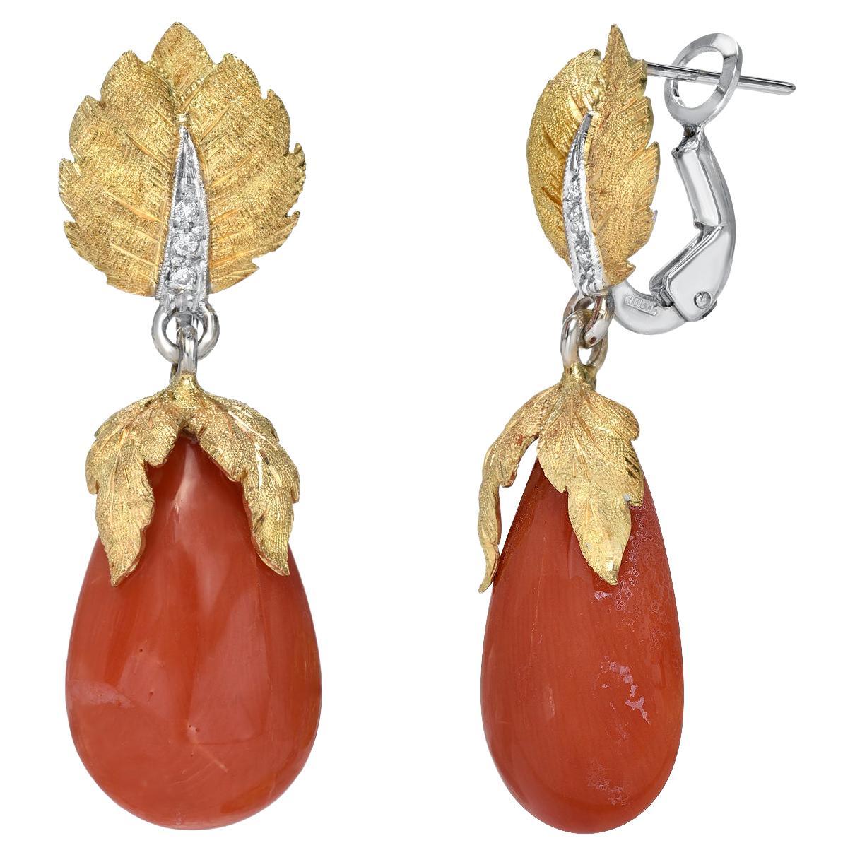 Coral Earrings Diamonds Yellow Gold For Sale