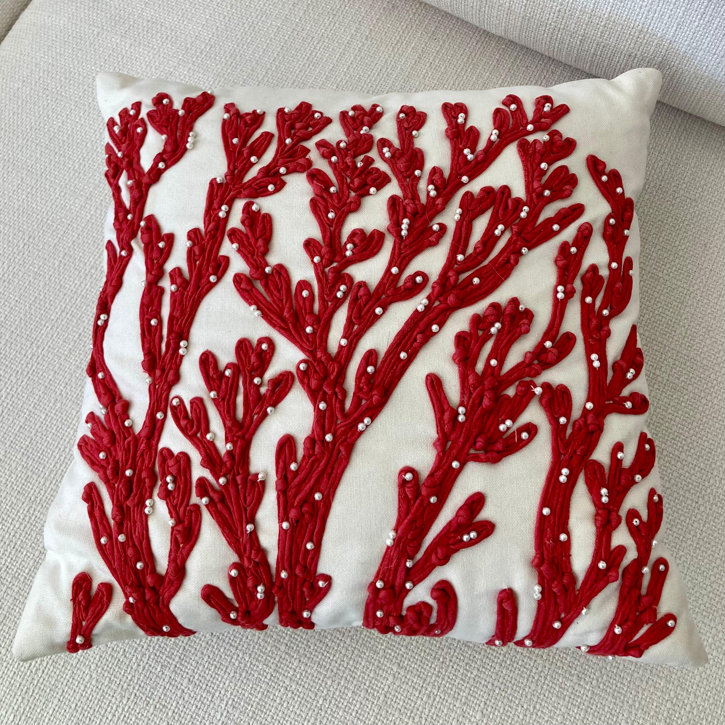 Modern Coral Embroidered Pillow For Sale