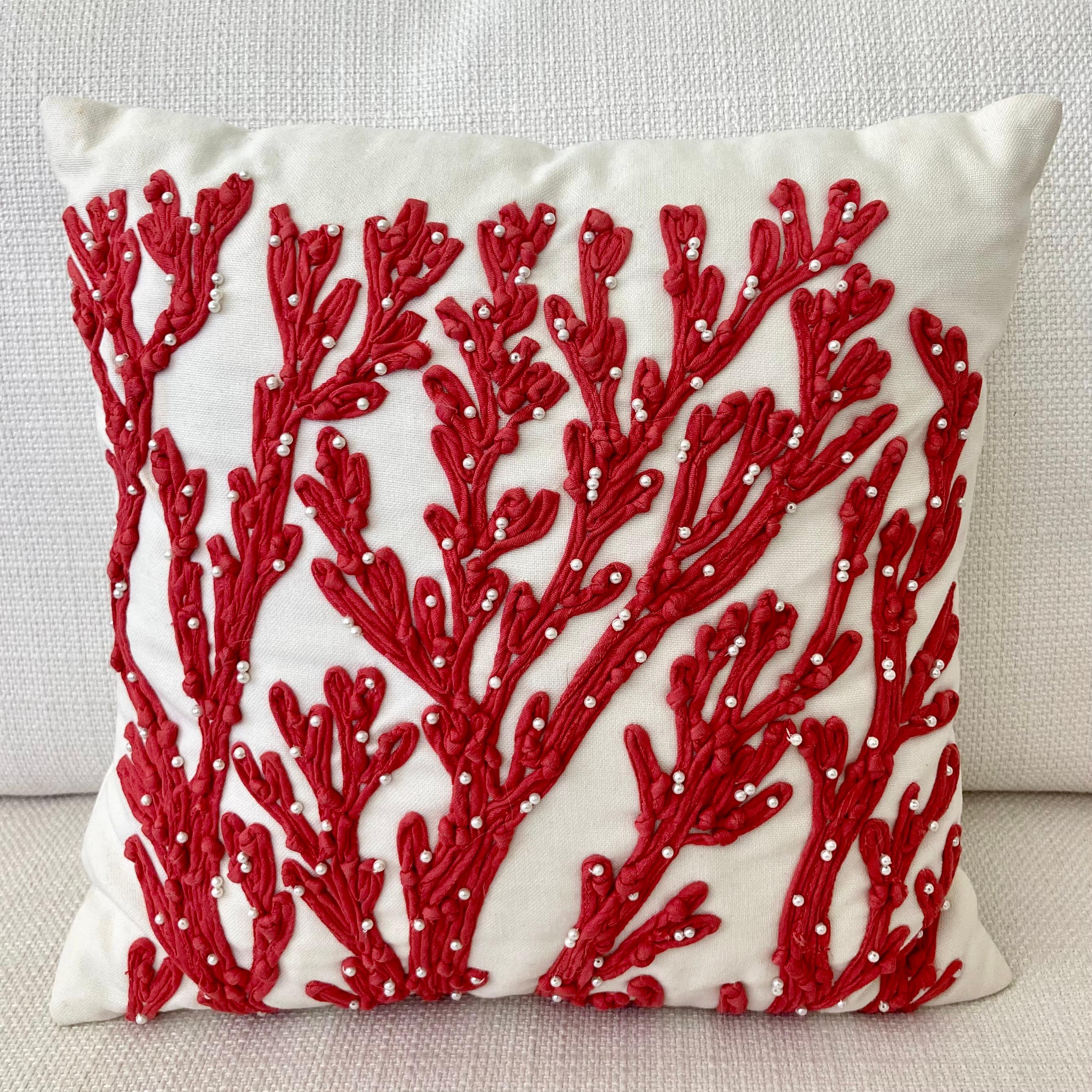 American Coral Embroidered Pillow For Sale