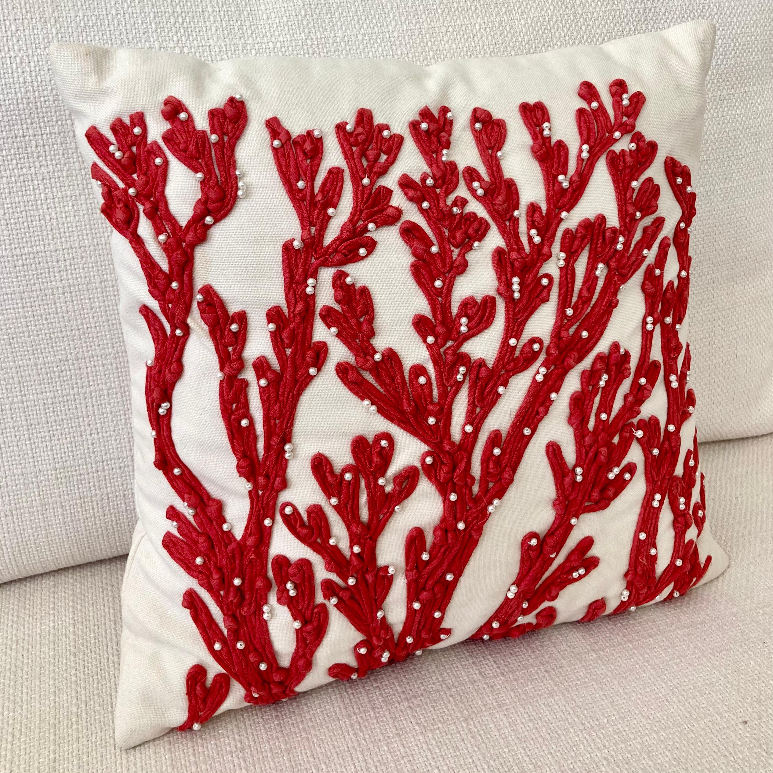 Coral Embroidered Pillow In Good Condition For Sale In Los Angeles, CA