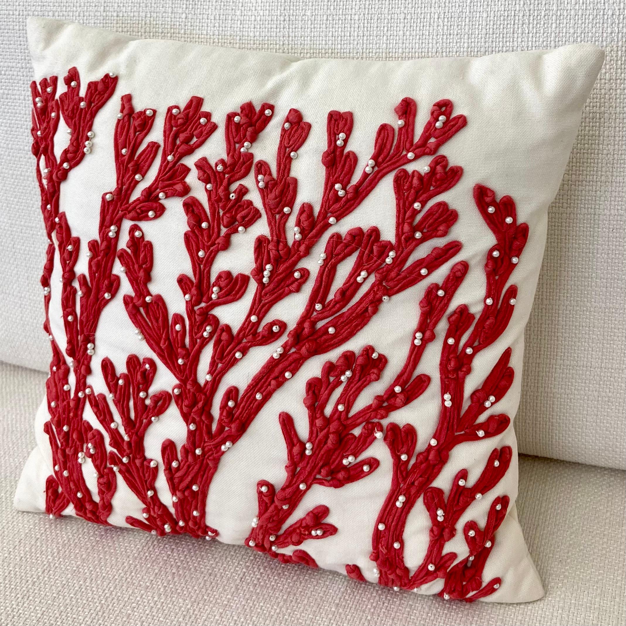 Late 20th Century Coral Embroidered Pillow For Sale