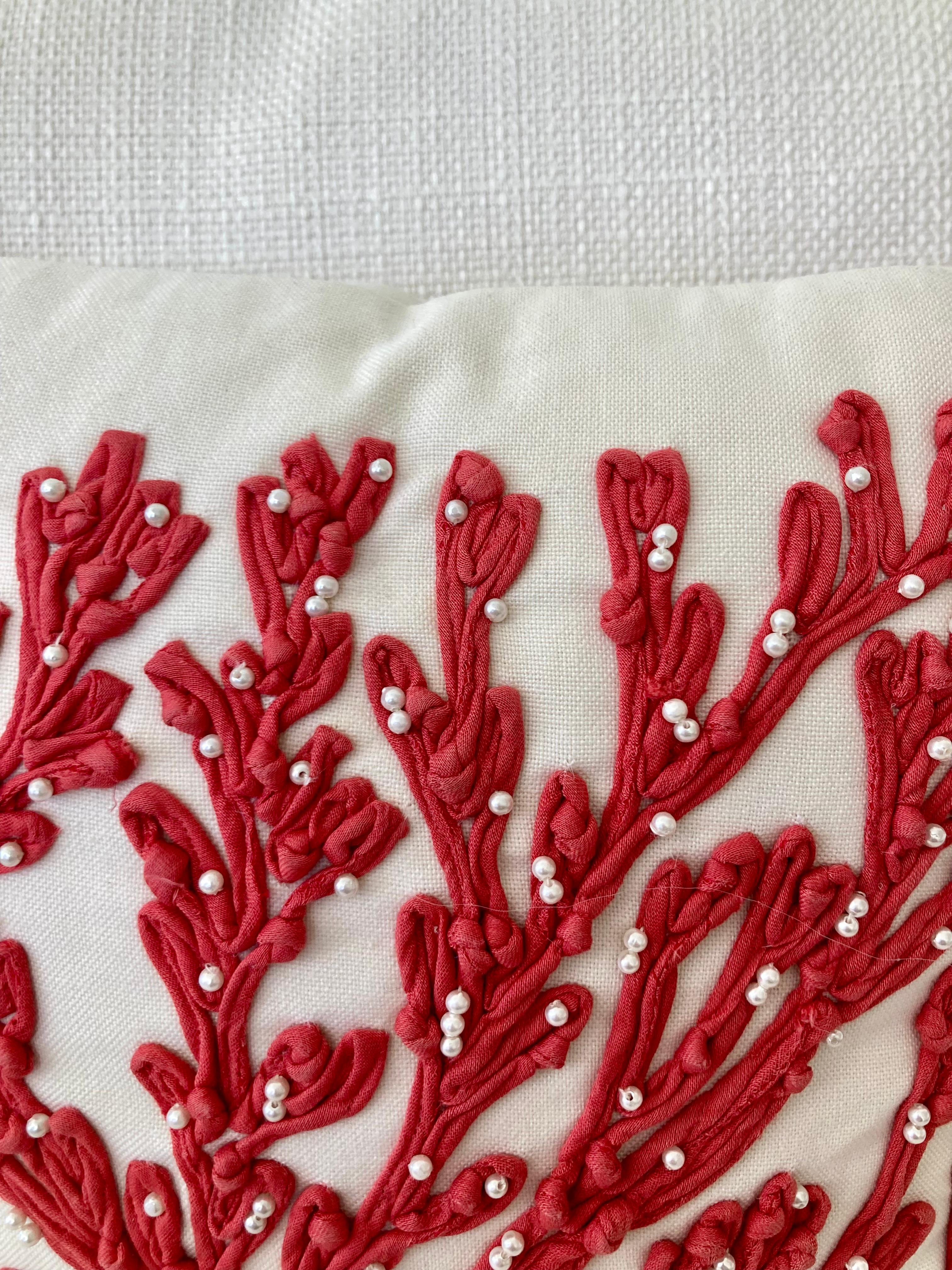 Fabric Coral Embroidered Pillow For Sale