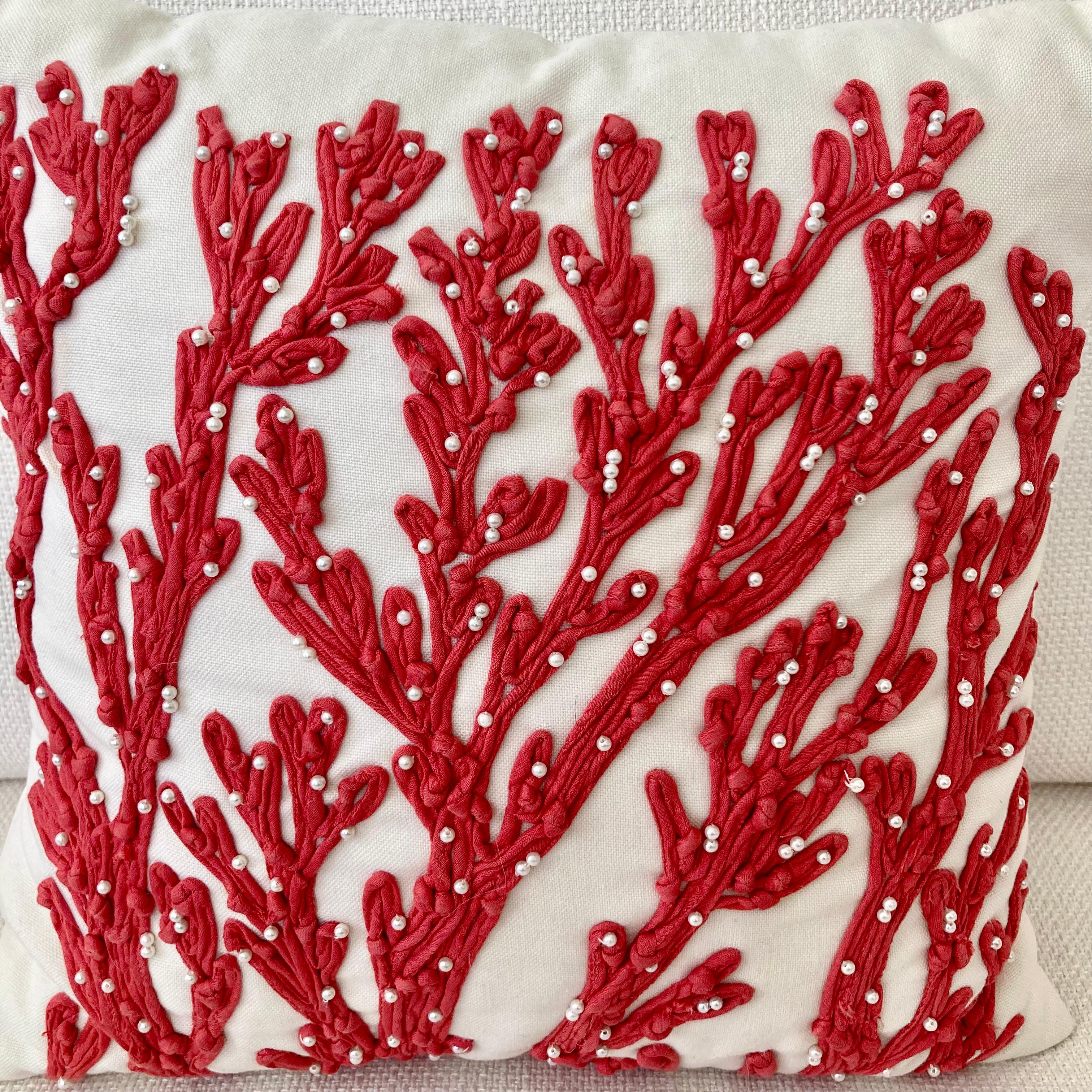 Coral Embroidered Pillow For Sale 1