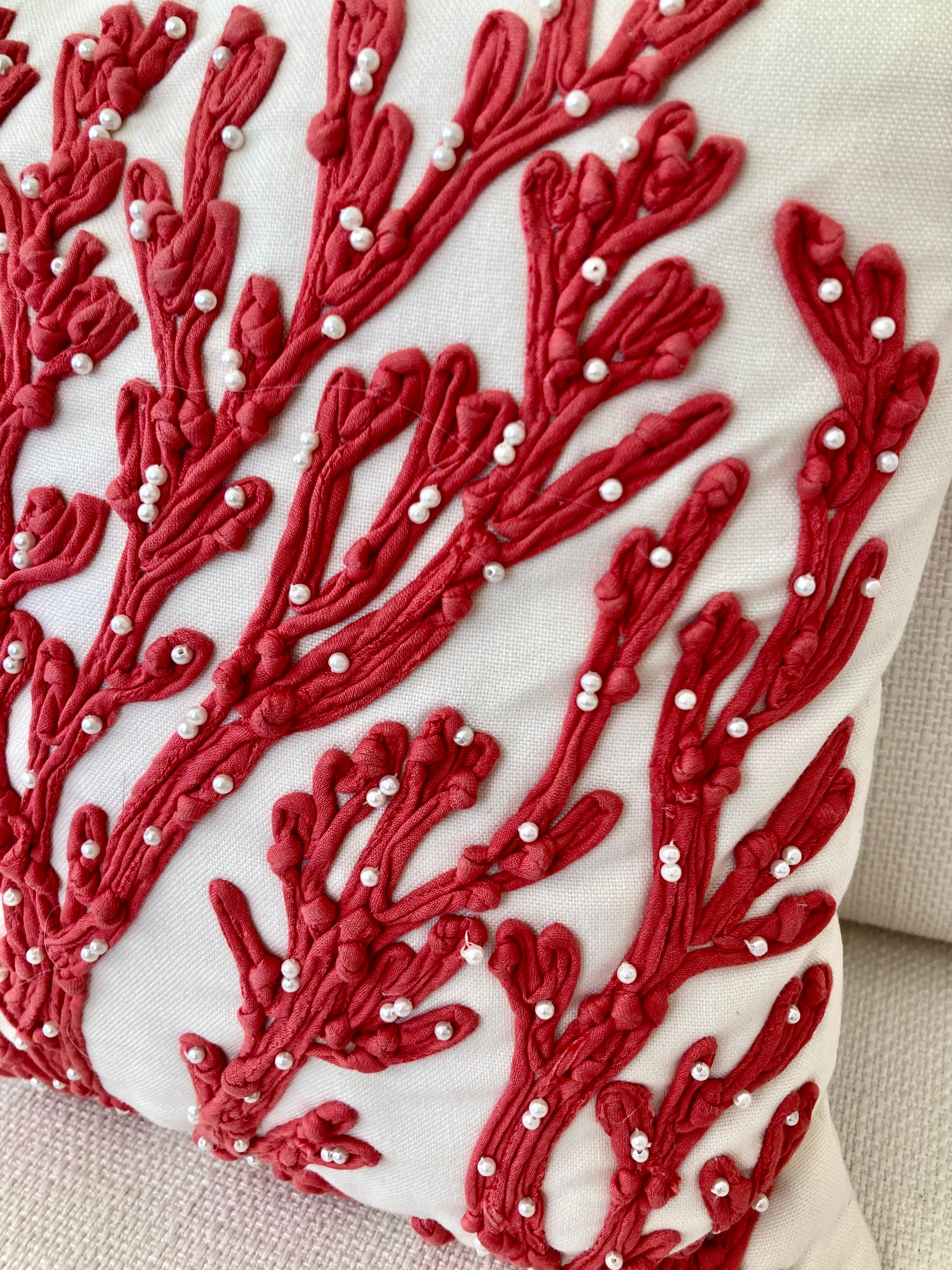 Coral Embroidered Pillow For Sale 2