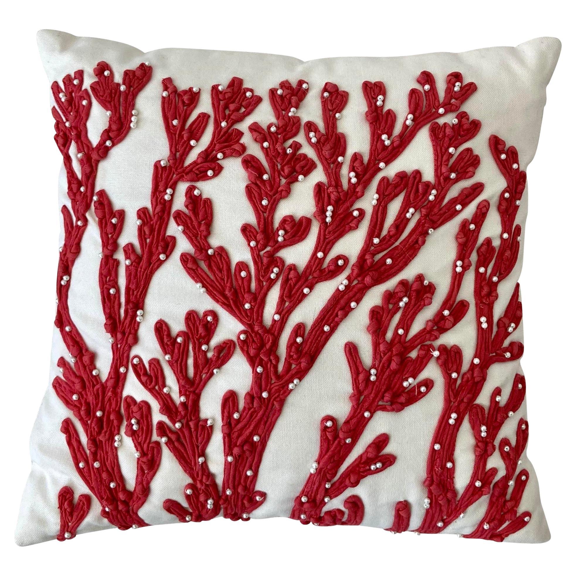 Coral Embroidered Pillow For Sale