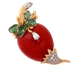 Coral, Emerald and Diamond Brooch Pin