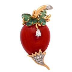 Coral, Emerald and Diamond Brooch Pin