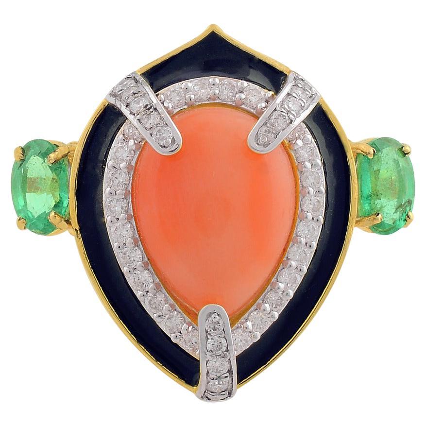 Ring aus 14 Karat Gold mit Koralle, Smaragd und Diamant im Art-Déco-Stil