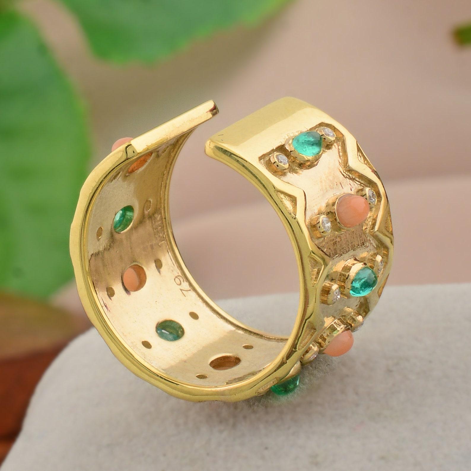Artisan Coral Emerald Diamond 14 Karat Gold Ring For Sale