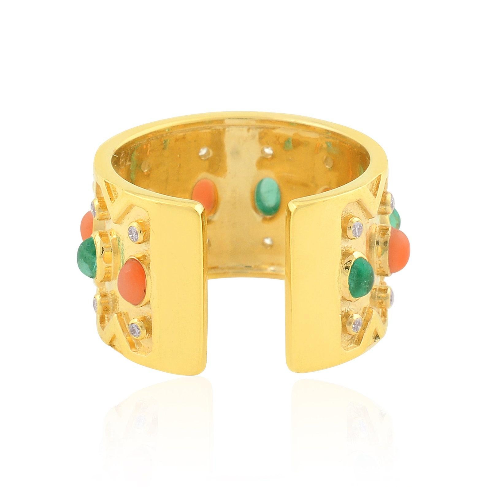 Mixed Cut Coral Emerald Diamond 14 Karat Gold Ring For Sale