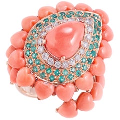 Coral Emerald Diamond Rose Gold Ring