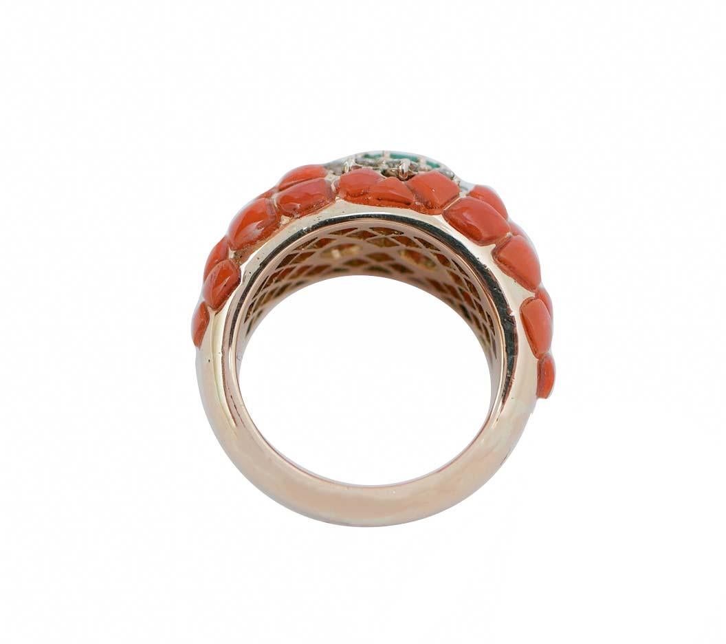 Retro Coral, Emerald, Diamonds, 14 Karat Rose Gold and White Gold Ring.