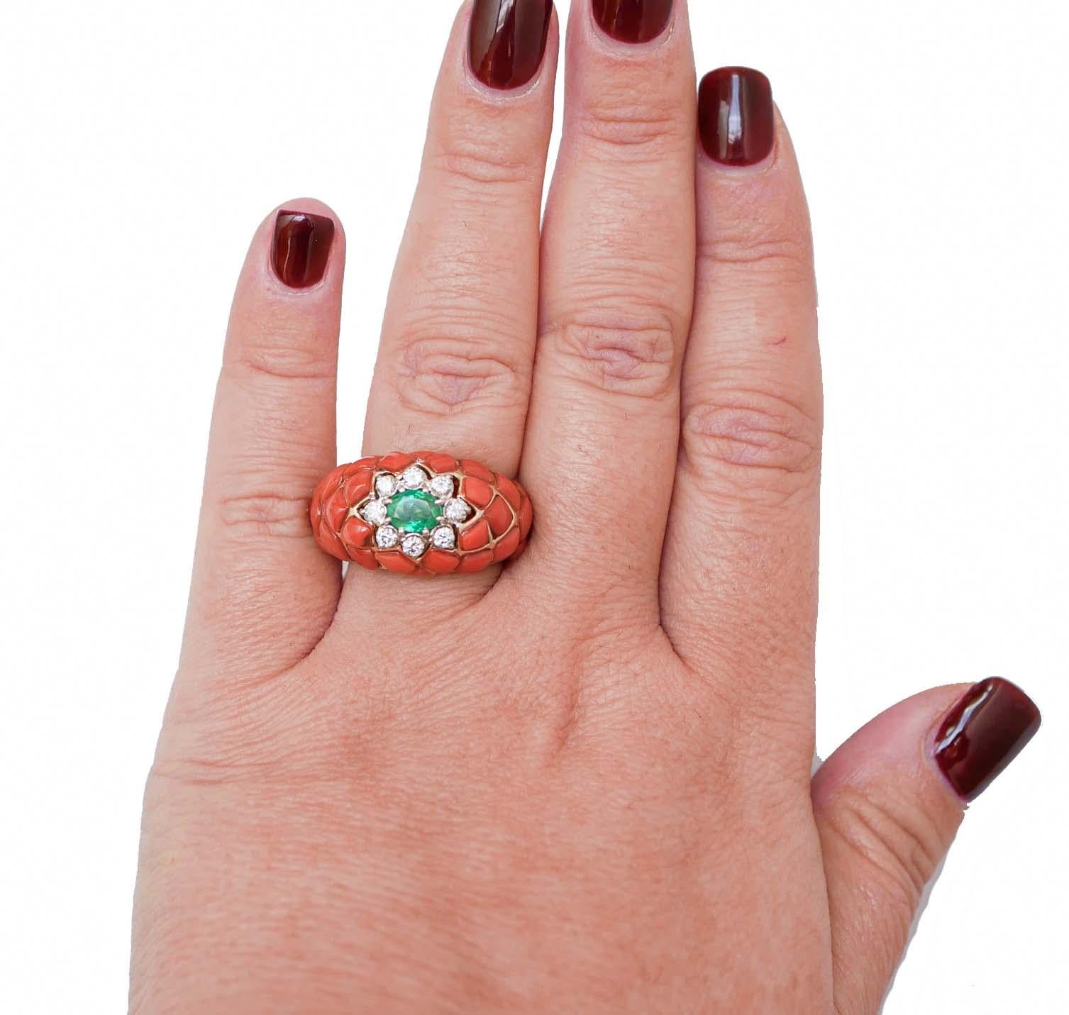 Mixed Cut Coral, Emerald, Diamonds, 14 Karat Rose Gold and White Gold Ring.