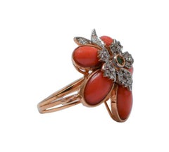 Coral, Emerald, Diamonds, Rose Gold and Silver Ring.