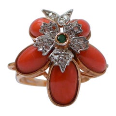 Coral, Emerald, Diamonds, Rose Gold and Silver Ring.