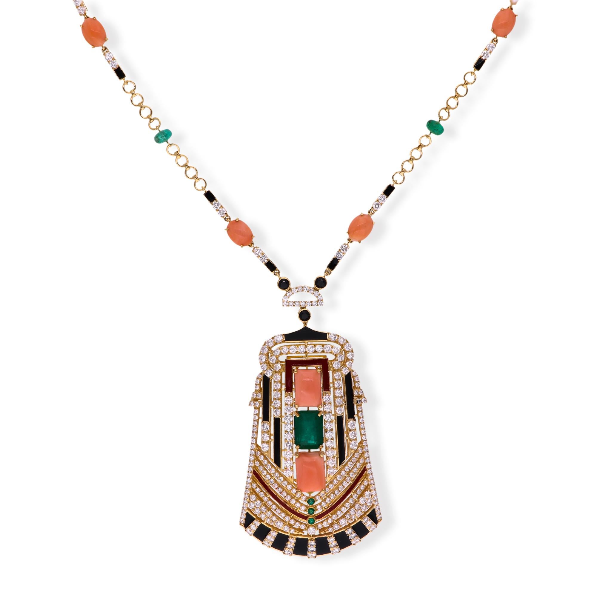 Cast from 18-karat gold, these exquisite necklace is handset with 0.45 carats black onyx, 15.38 carats coral, 9.11 carats Zambian emerald and 8.35 carats of sparkling diamonds.

FOLLOW SPECTRUM JEWELS storefront to view the latest collection &