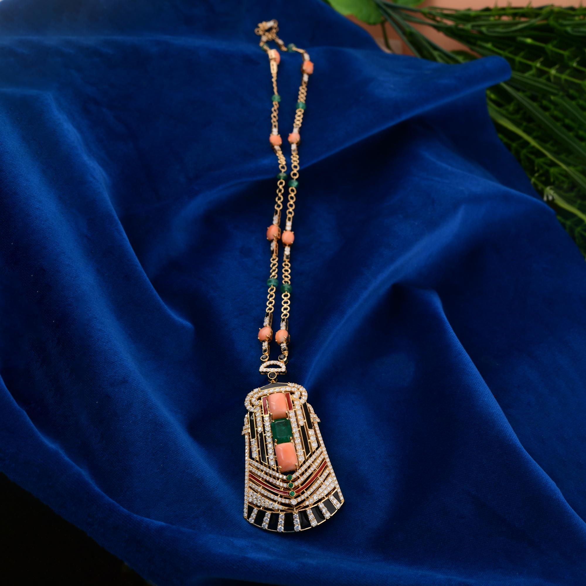 Modern Coral Emerald Gemstone Pendant SI/H Round Diamond 18 Karat Yellow Gold Necklace For Sale