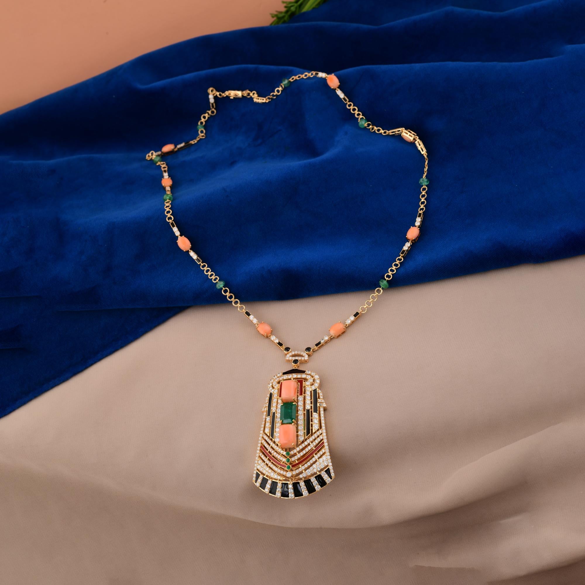 Emerald Cut Coral Emerald Gemstone Pendant SI/H Round Diamond 18 Karat Yellow Gold Necklace For Sale