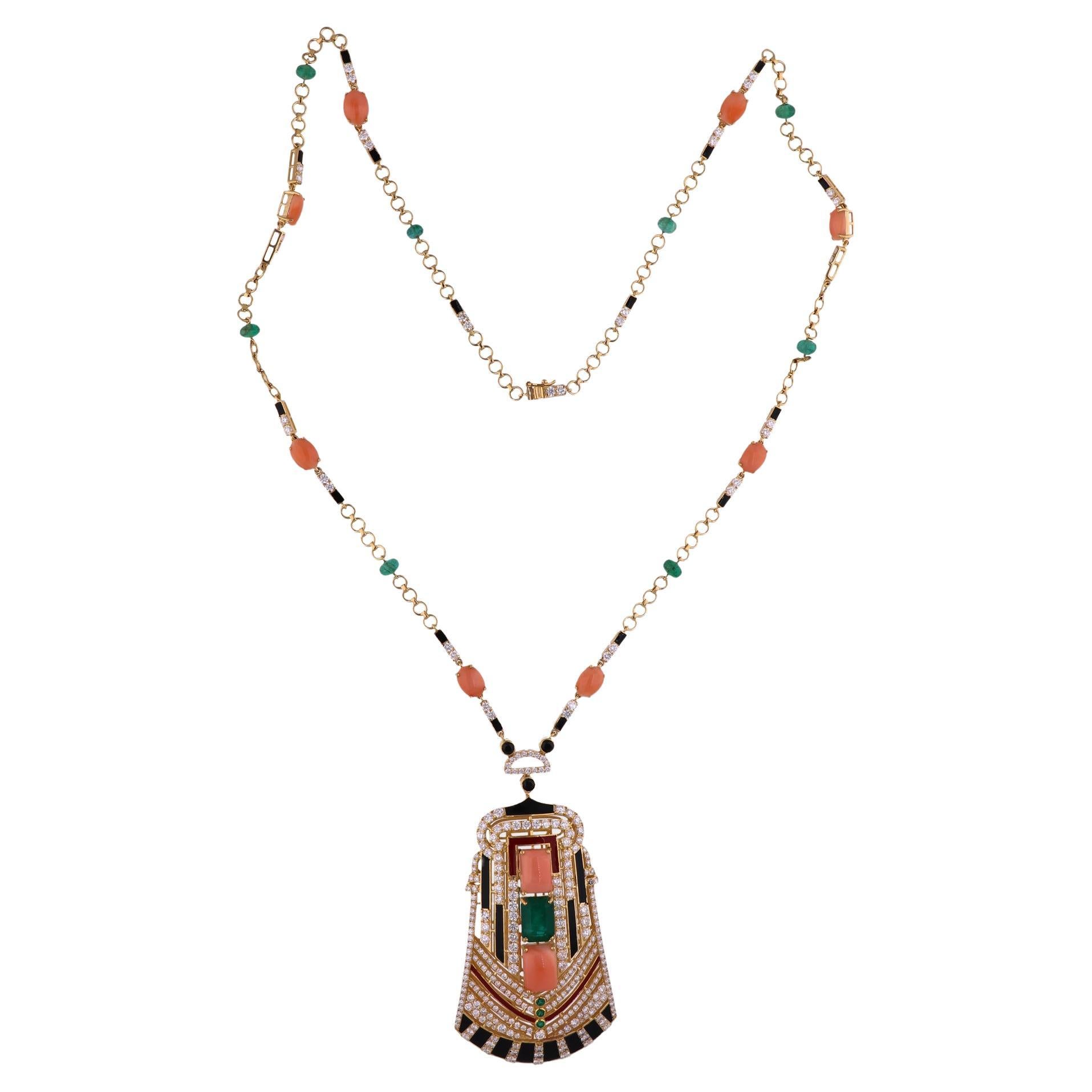 Coral Emerald Gemstone Pendant SI/H Round Diamond 18 Karat Yellow Gold Necklace