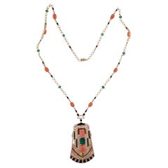 Corail Emeraude Pendentif pierre précieuse SI/H Diamant rond Collier en or jaune 18 carats