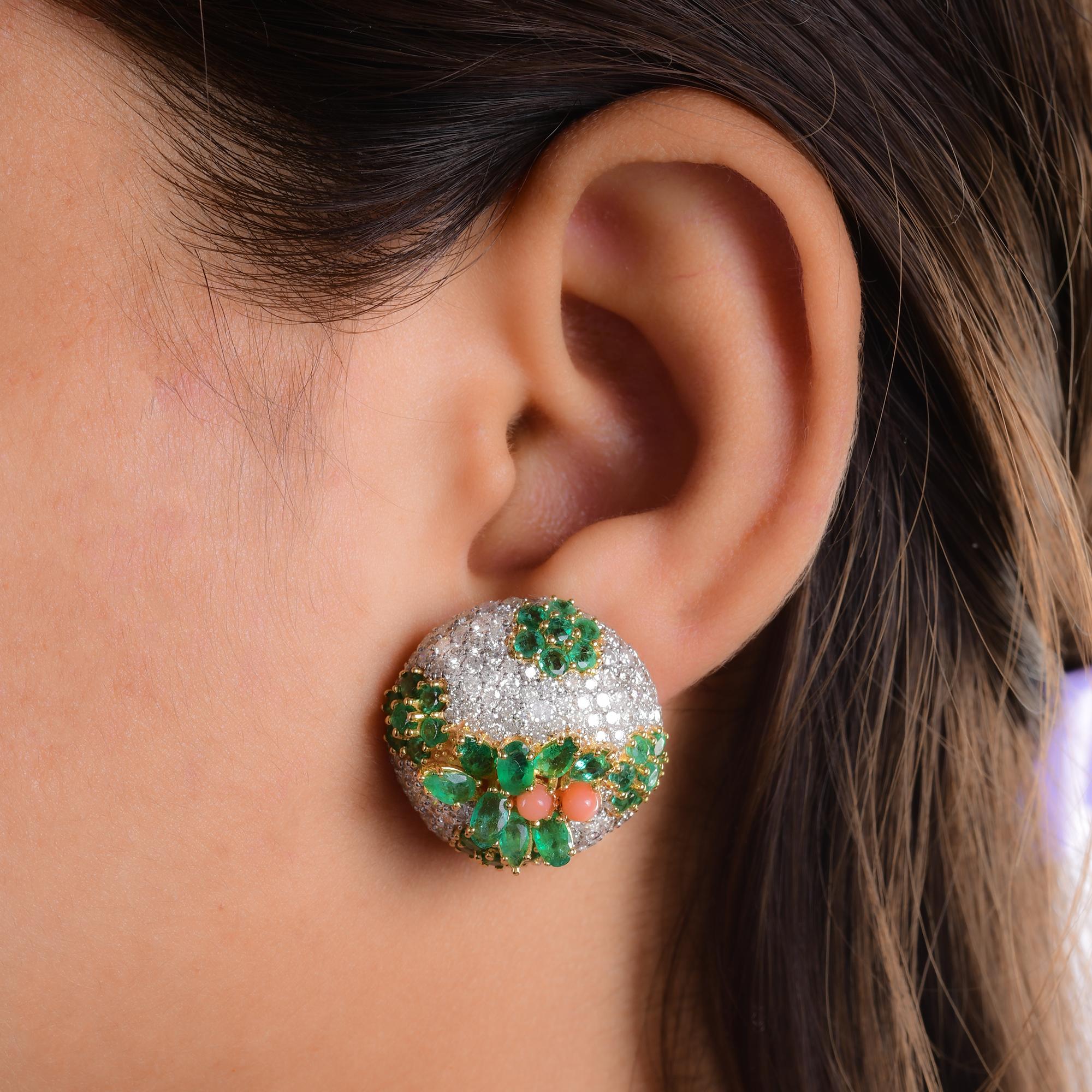 Modern Spectrum Jewels Coral Emerald Gemstone Earrings Diamond 18K White Yellow Gold For Sale