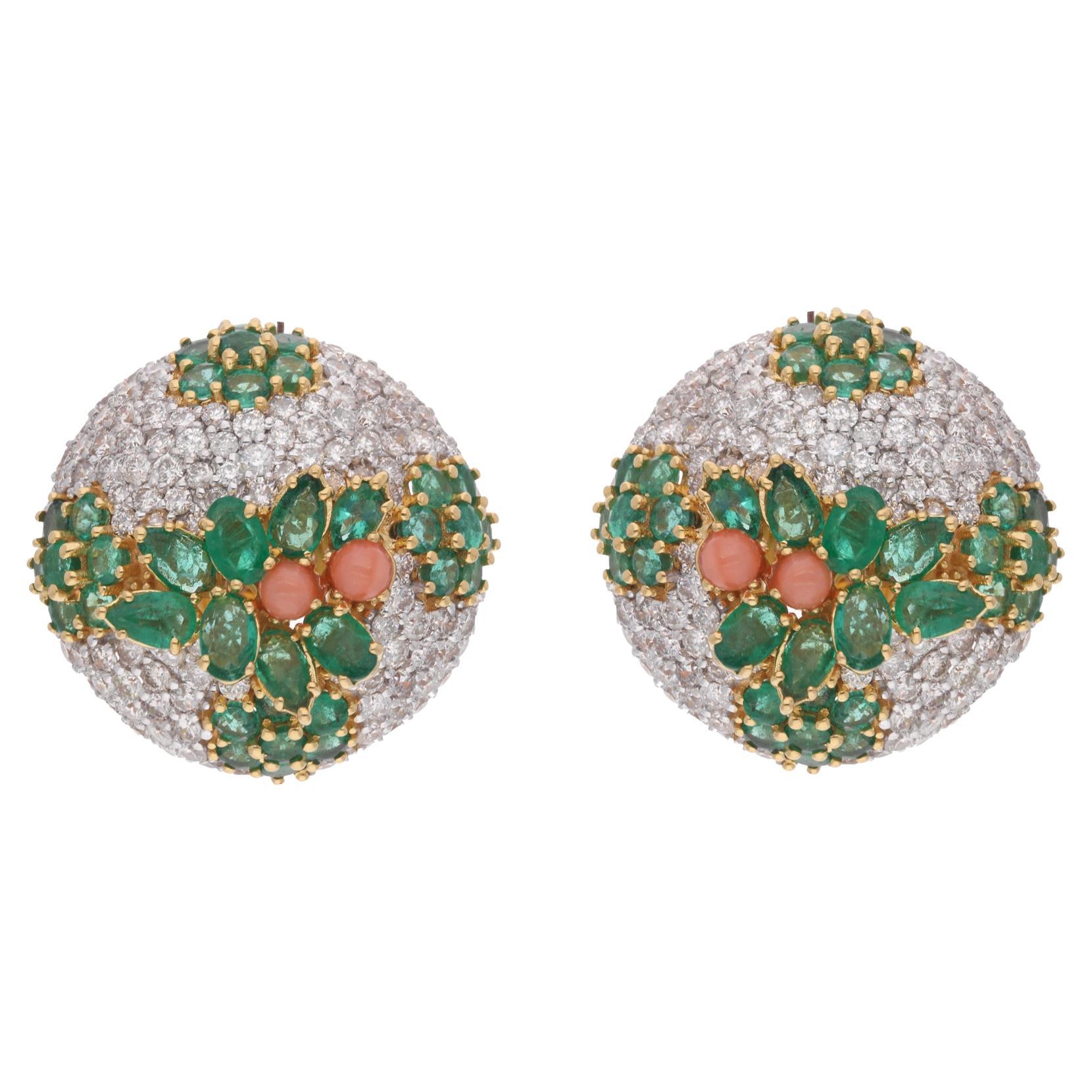 Spectrum Jewels Coral Emerald Gemstone Earrings Diamond 18K White Yellow Gold For Sale