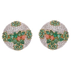 Spectrum Jewels Koralle Smaragd Edelstein Ohrringe Diamant 18K Weiß-Gelbgold