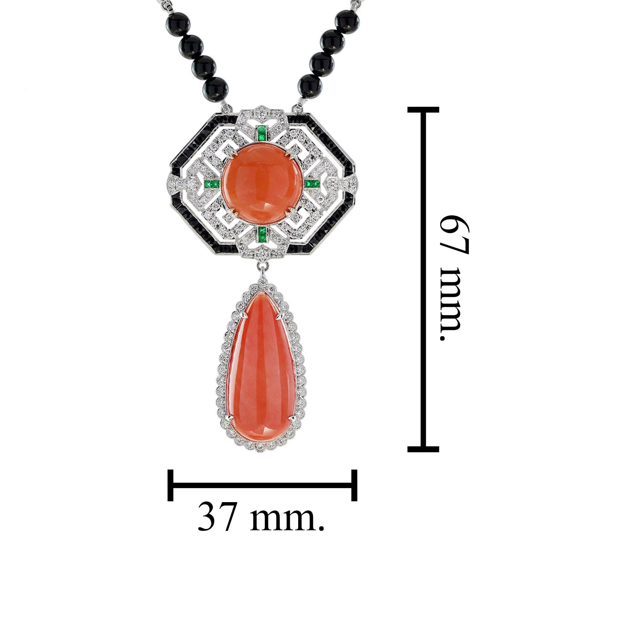 Donna Collana in stile Art Deco con corallo, smeraldo, onice e diamanti in oro bianco 18 carati in vendita