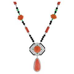 Coral Emerald Onyx and Diamond Art Deco Style Necklace in 18K White Gold