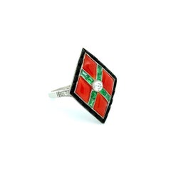 Coral Emerald Onyx and Diamond Platinum Vintage Mosaic Ring