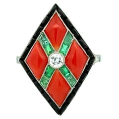 Coral Emerald Onyx and Diamond Platinum Vintage Mosaic Ring