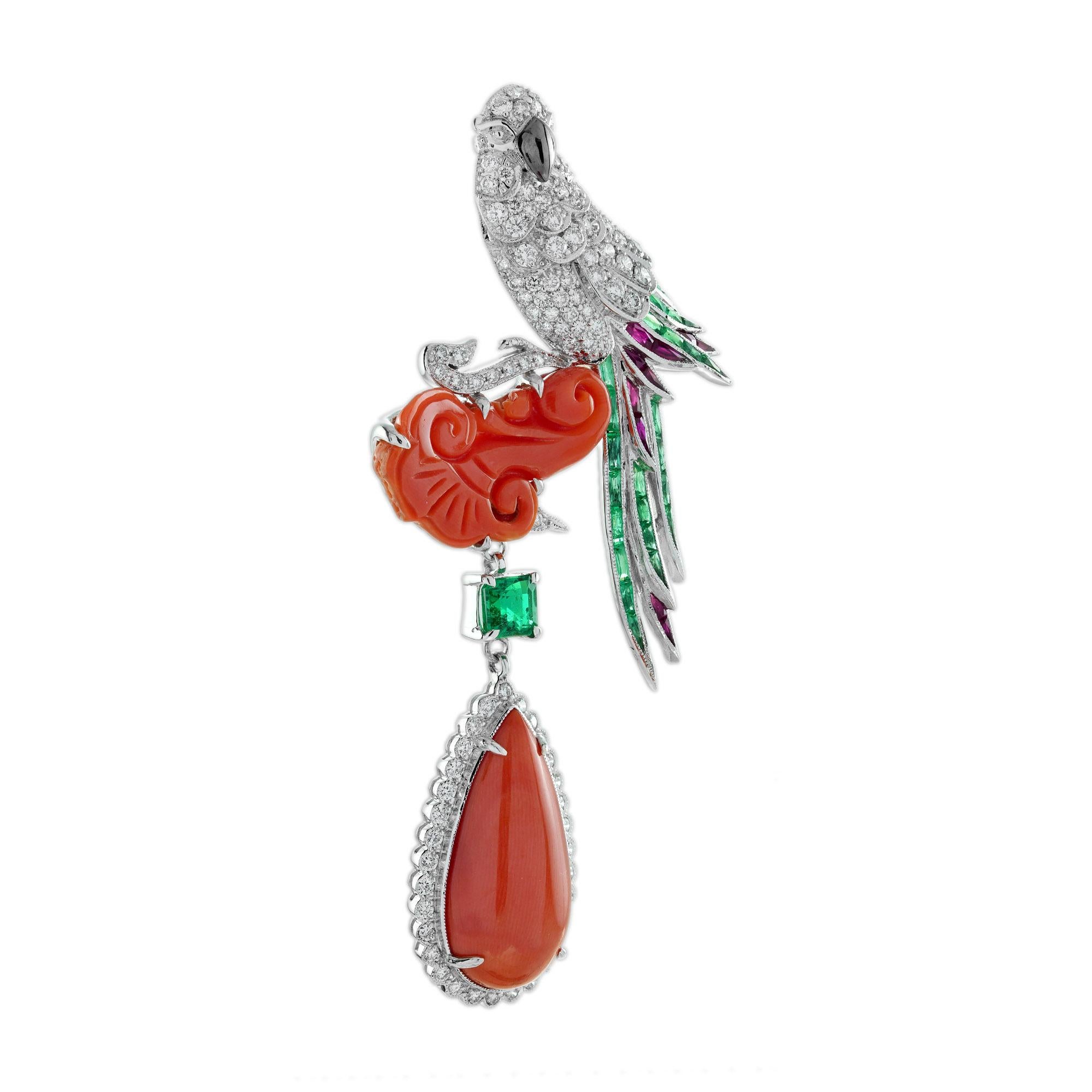 Koralle Smaragd Rubin und Diamant Art Deco Stil Vogel Brosche in 18K Weißgold im Zustand „Neu“ im Angebot in Bangkok, TH