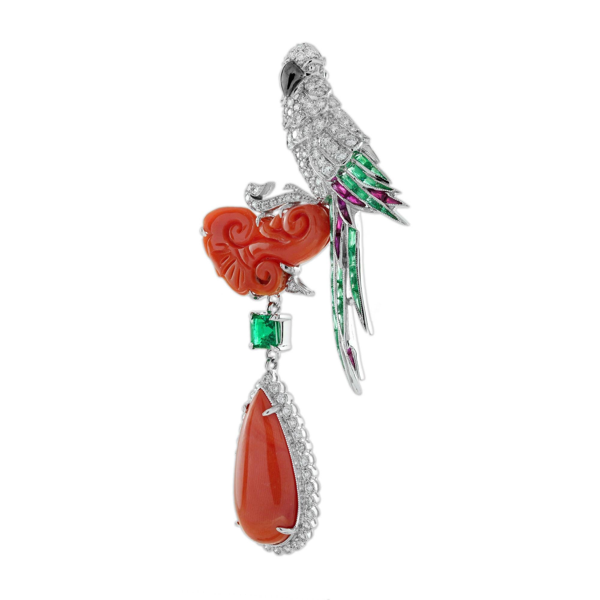Koralle Smaragd Rubin und Diamant Art Deco Stil Vogel Brosche in 18K Weißgold Damen im Angebot