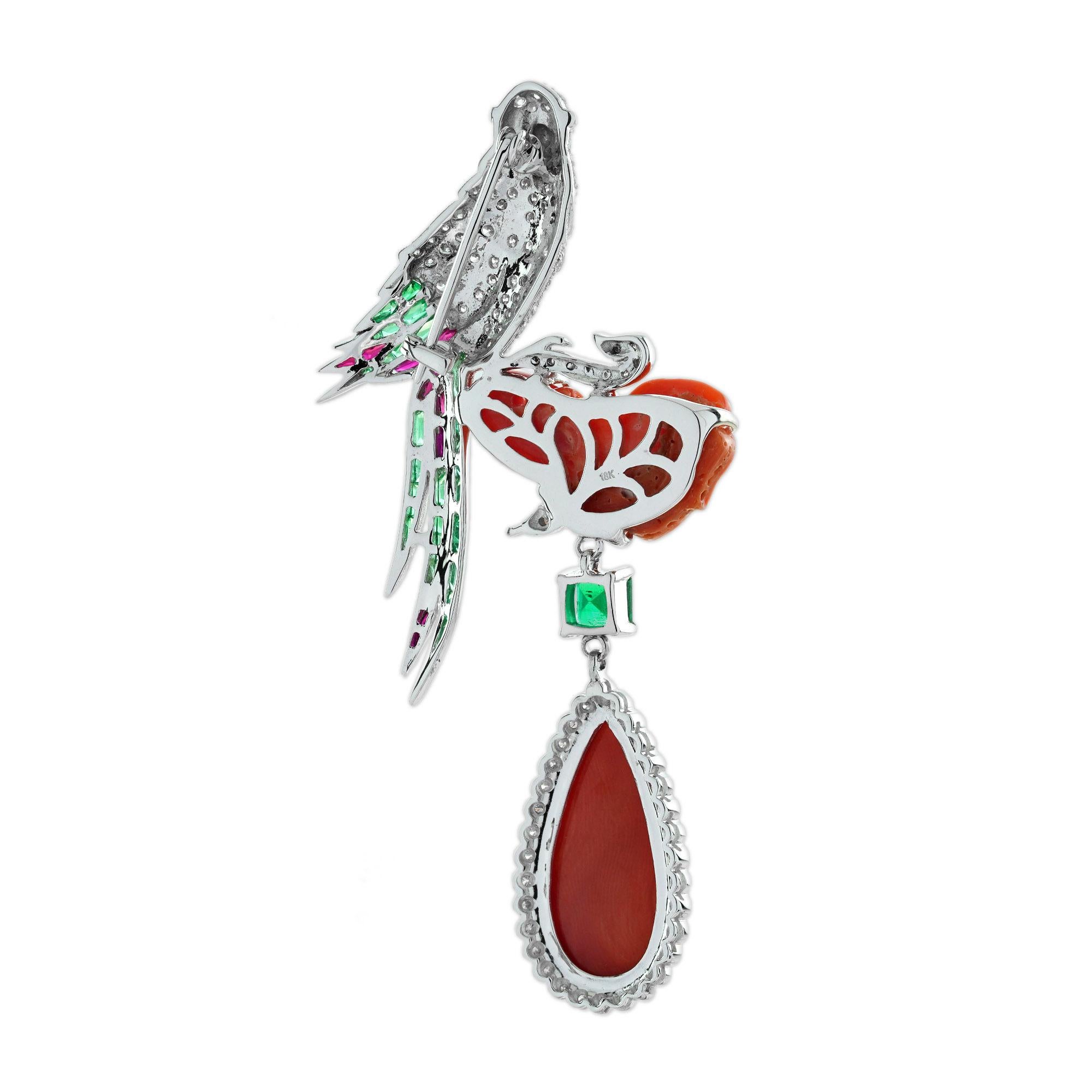 Koralle Smaragd Rubin und Diamant Art Deco Stil Vogel Brosche in 18K Weißgold im Angebot 1
