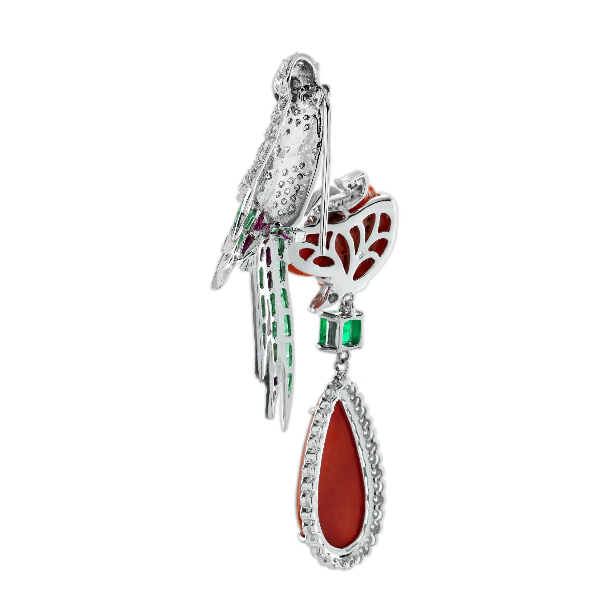 Koralle Smaragd Rubin und Diamant Art Deco Stil Vogel Brosche in 18K Weißgold im Angebot 2