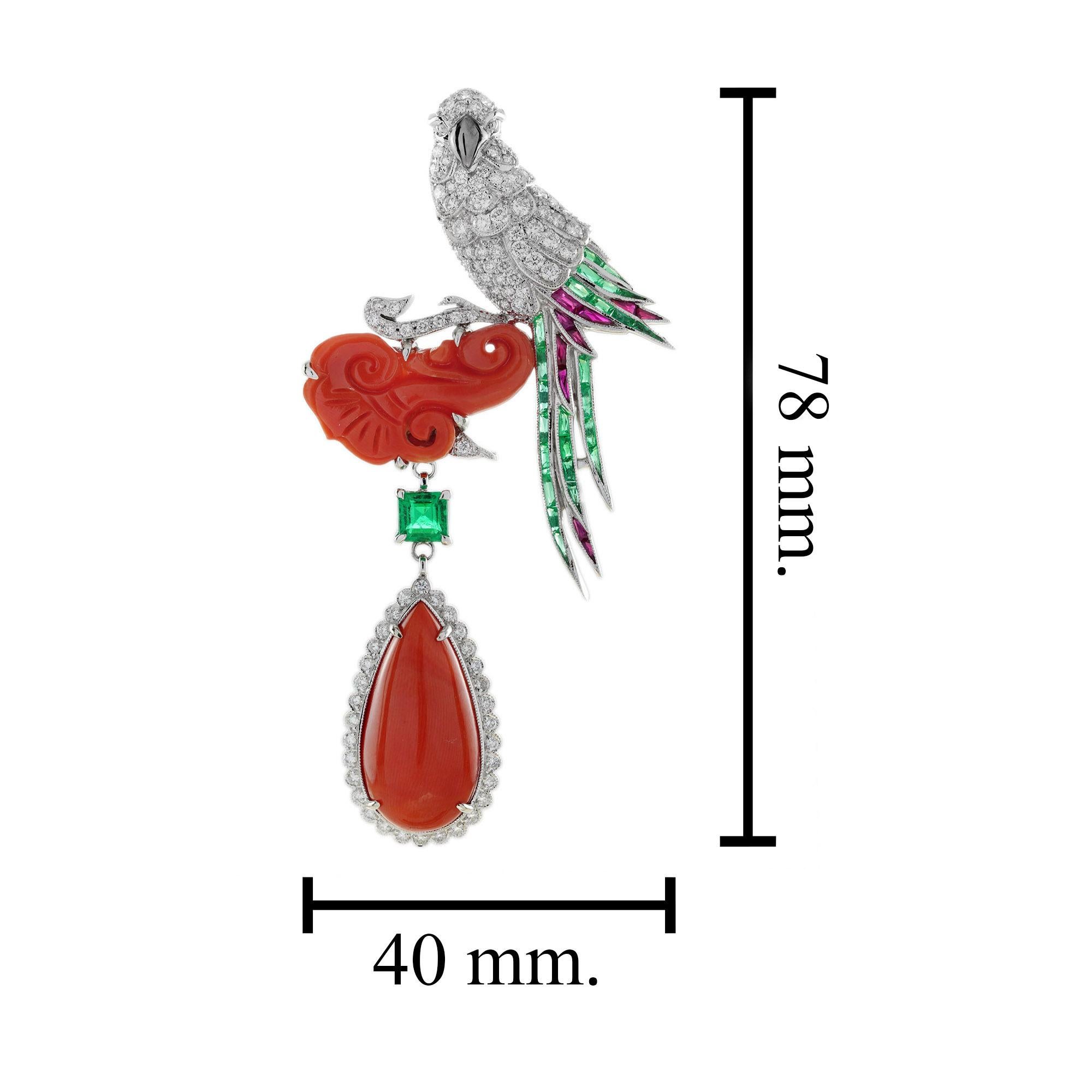 Koralle Smaragd Rubin und Diamant Art Deco Stil Vogel Brosche in 18K Weißgold im Angebot 3