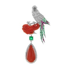 Coral Emerald Ruby and Diamond Art Deco Style Bird Brooch in 18K White Gold